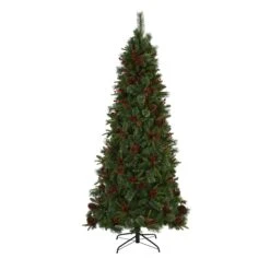 7.5’ Norway Mixed Pine Artificial Christmas Tree With 450 Clear LED Lights, Pine Cones And Berries -Artificial Trees Store artificial 75 norway mixed pine artificial christmas tree with 450 clear led lights pine cones and berries nearly natural 114685