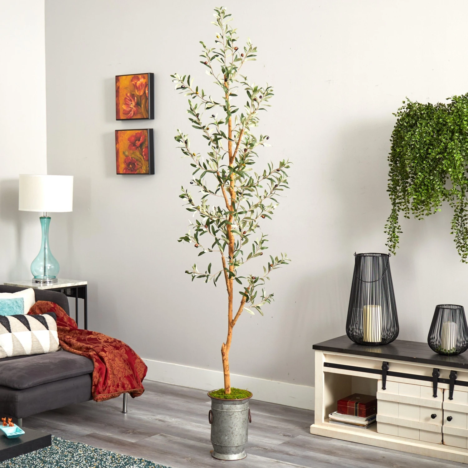 7.5’ Olive Artificial Tree In Decorative Planter 2 7.5’ Olive Artificial Tree In Decorative Planter - Image 2