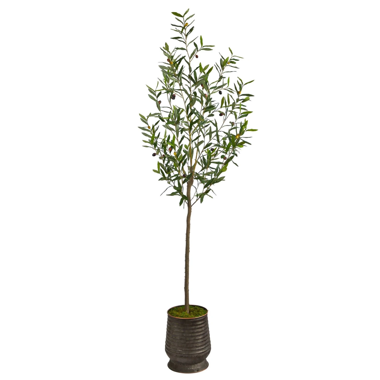 75” Olive Artificial Tree In Ribbed Metal Planter 1 75” Olive Artificial Tree In Ribbed Metal Planter