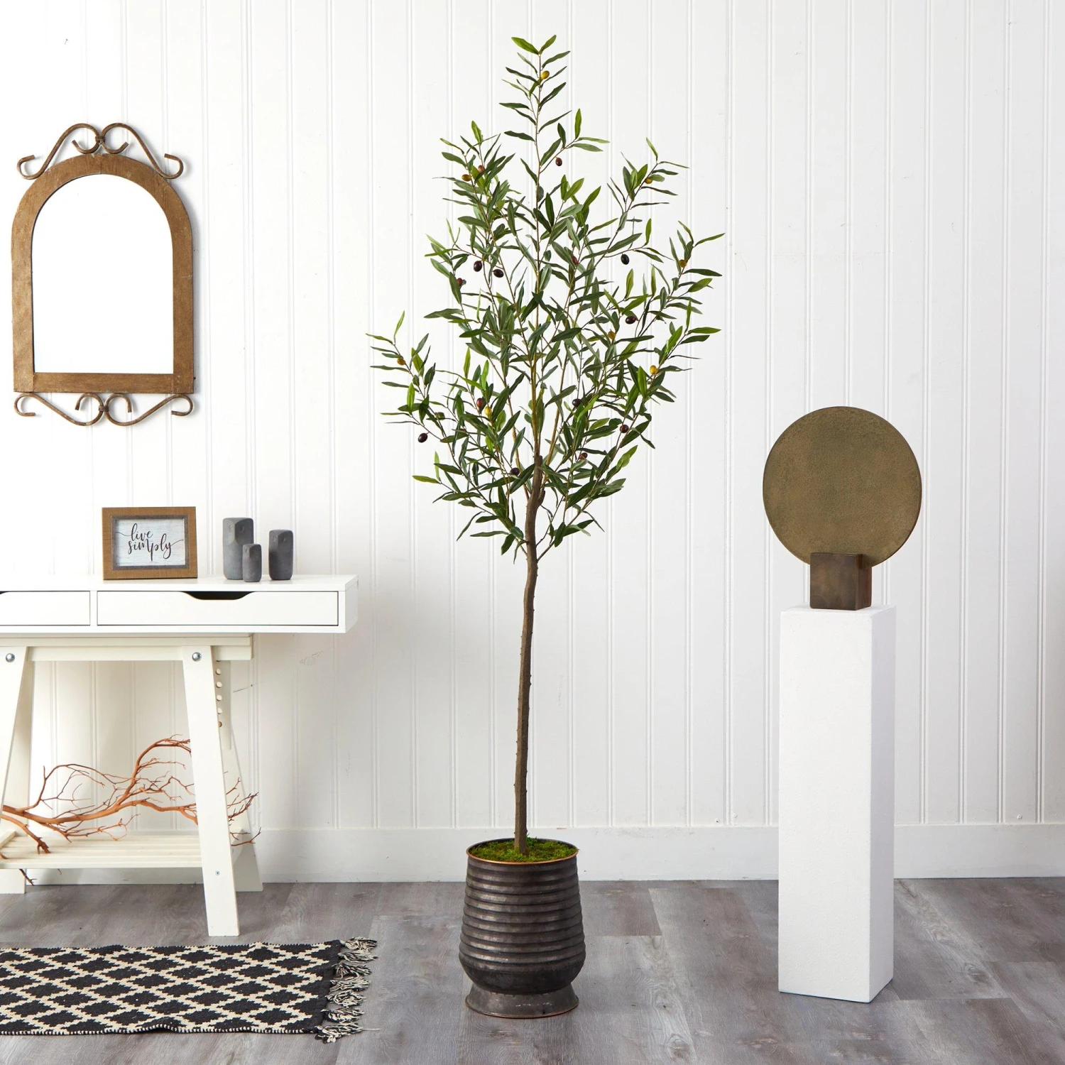 75” Olive Artificial Tree In Ribbed Metal Planter 3 75” Olive Artificial Tree In Ribbed Metal Planter - Image 3
