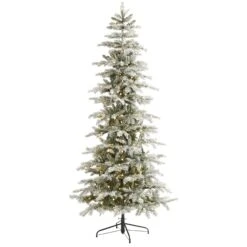 7.5’ Slim Flocked Nova Scotia Spruce Artificial Christmas Tree With 450 Warm White LED Lights And 909 Bendable Branches