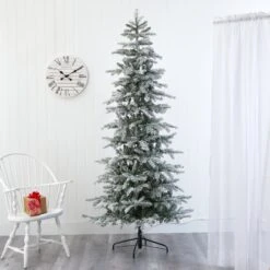 7.5’ Slim Flocked Nova Scotia Spruce Artificial Christmas Tree With 450 Warm White LED Lights And 909 Bendable Branches -Artificial Trees Store artificial 75 slim flocked nova scotia spruce artificial christmas tree with 450 warm white led lights and 909 bendable branches nearly natural 357451