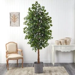 8’ Ficus Artificial Tree In Handmade Black And White Natural Jute And Cotton Planter -Artificial Trees Store artificial 8 ficus artificial tree in handmade black and white natural jute and cotton planter nearly natural 265102