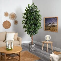 8’ Ficus Artificial Tree In Handmade Black And White Natural Jute And Cotton Planter -Artificial Trees Store artificial 8 ficus artificial tree in handmade black and white natural jute and cotton planter nearly natural 304601