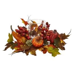 8" Pumpkin, Gourd, Berry And Maple Leaf Artificial Arrangement Candelabrum"