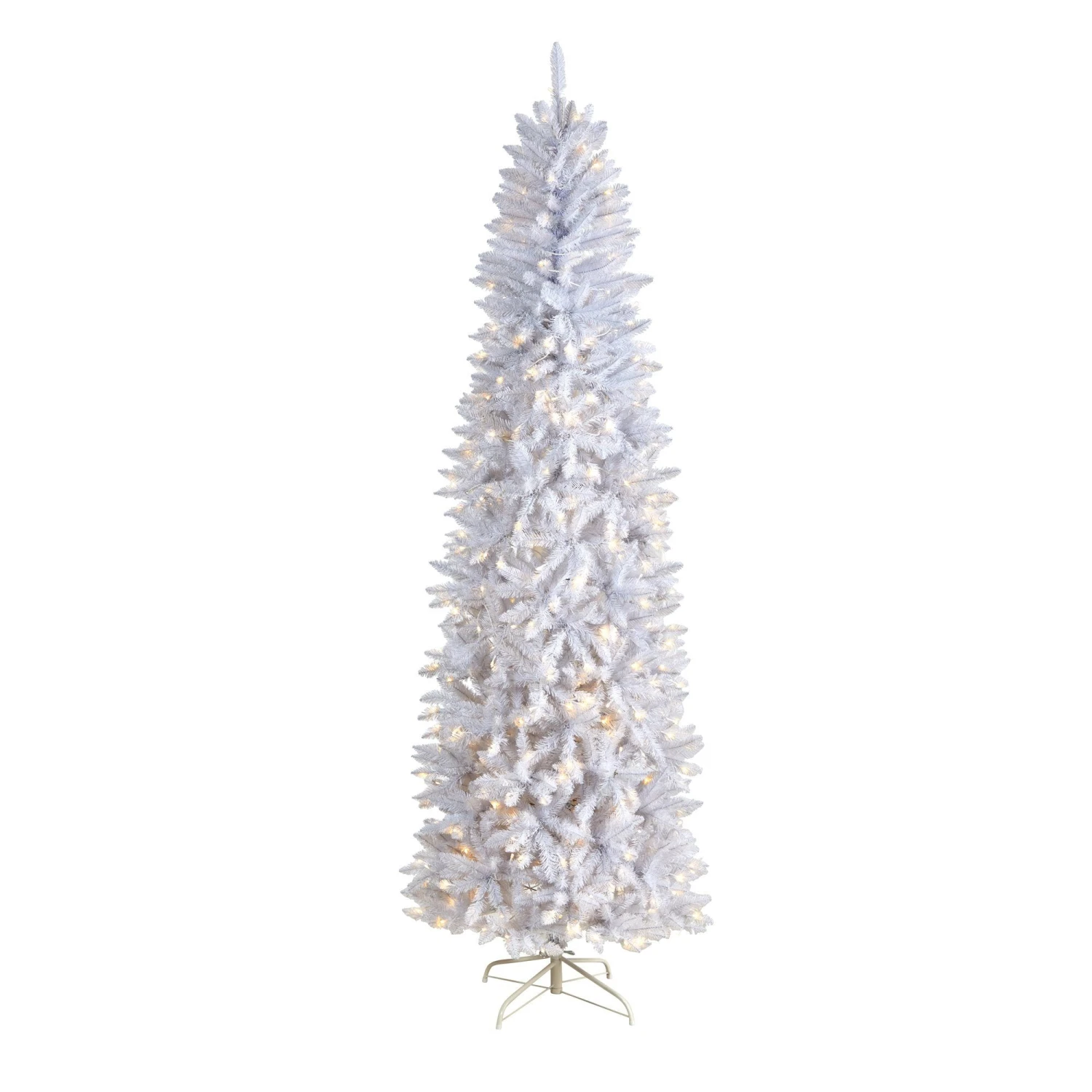 8’ Slim White Artificial Christmas Tree With 400 Warm White LED Lights And 1348 Bendable Branches 1 8’ Slim White Artificial Christmas Tree With 400 Warm White LED Lights And 1348 Bendable Branches