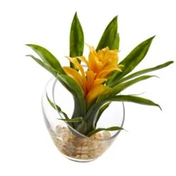 8’’ Tropical Bromeliad In Angled Vase Artificial Arrangement -Artificial Trees Store artificial 8 tropical bromeliad in angled vase artificial arrangement nearly natural yellow 973717