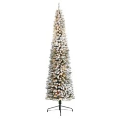 9’ Flocked Pencil Artificial Christmas Tree With 600 Clear Lights And 896 Bendable Branches