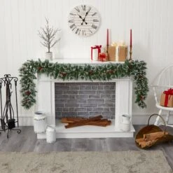 9’ Frosted Swiss Pine Artificial Garland With 50 Clear LED Lights And Berries -Artificial Trees Store artificial 9 frosted swiss pine artificial garland with 50 clear led lights and berries nearly natural 188407