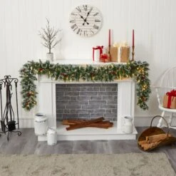 9’ Frosted Swiss Pine Artificial Garland With 50 Clear LED Lights And Berries -Artificial Trees Store artificial 9 frosted swiss pine artificial garland with 50 clear led lights and berries nearly natural 764127