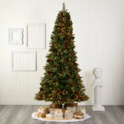 9’ Norway Mixed Pine Artificial Christmas Tree With 650 Clear LED Lights, Pine Cones And Berries -Artificial Trees Store artificial 9 norway mixed pine artificial christmas tree with 650 clear led lights pine cones and berries nearly natural 231916