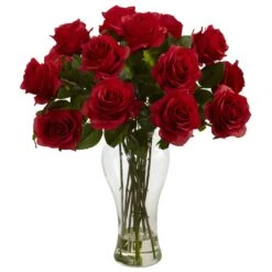 Blooming Roses W/Vase 14 Blooming Roses W/Vase -Artificial Trees Store artificial blooming roses wvase nearly natural red 698283