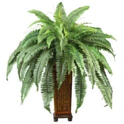 Boston Fern W/Decorative Wood Vase Silk Plant