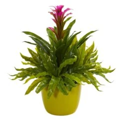 Bromeliad And Fern Artificial Plant In Green Vase
