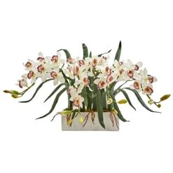 Cymbidium Artificial Arrangement In White Vase