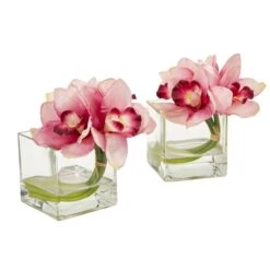Cymbidium Orchid Artificial Arrangement In Glass Vase (Set Of 2) -Artificial Trees Store artificial cymbidium orchid artificial arrangement in glass vase set of 2 nearly natural pink 588429