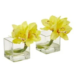 Cymbidium Orchid Artificial Arrangement In Glass Vase (Set Of 2) -Artificial Trees Store artificial cymbidium orchid artificial arrangement in glass vase set of 2 nearly natural yellow 396770