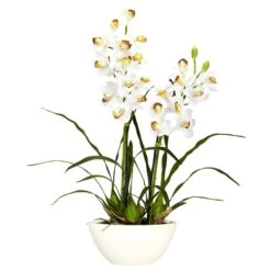 Cymbidium W/White Vase Silk Flower Arrangement