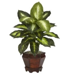 Dieffenbachia W/Wood Vase Silk Plant (Set Of 2) -Artificial Trees Store artificial dieffenbachia wwood vase silk plant set of 2 nearly natural 558327