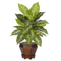 Dieffenbachia W/Wood Vase Silk Plant (Set Of 2) -Artificial Trees Store artificial dieffenbachia wwood vase silk plant set of 2 nearly natural 939761