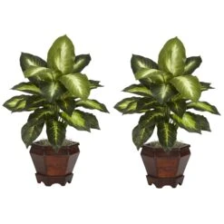 Dieffenbachia W/Wood Vase Silk Plant (Set Of 2) -Artificial Trees Store artificial dieffenbachia wwood vase silk plant set of 2 nearly natural yellow 529943