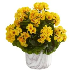 Geranium Artificial Plant In Marble Finished Vase UV Resistant (Indoor/Outdoor) 5 Geranium Artificial Plant In Marble Finished Vase UV Resistant (Indoor/Outdoor) -Artificial Trees Store artificial geranium artificial plant in marble finished vase uv resistant indooroutdoor nearly natural yellow 830498