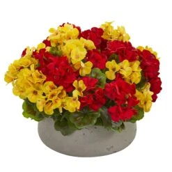 Geranium Artificial Plant In Stone Planter UV Resistant (Indoor/Outdoor) -Artificial Trees Store artificial geranium artificial plant in stone planter uv resistant indooroutdoor nearly natural yellow red 587320