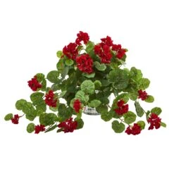 Geranium Artificial Plant In Vintage Hanging Planter
