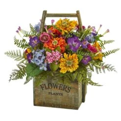 Mixed Floral Artificial Arrangement In Wood Basket