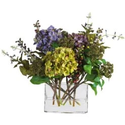 Mixed Hydrangea W/Rectangle Vase Silk Flower Arrangement