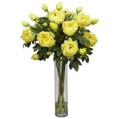 Peony W/Cylinder Silk Flower Arrangement -Artificial Trees Store artificial peony wcylinder silk flower arrangement nearly natural yellow 134704