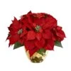 Poinsettia Artificial Arrangement In Golden Vase