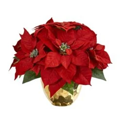 Poinsettia Artificial Arrangement In Golden Vase