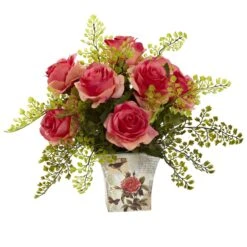 Rose & Maiden Hair W/Floral Planter 15 Rose & Maiden Hair W/Floral Planter -Artificial Trees Store artificial rose maiden hair wfloral planter nearly natural dark pink 853358