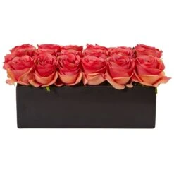 Roses In Rectangular Planter -Artificial Trees Store artificial roses in rectangular planter nearly natural dark pink 704562