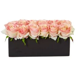 Roses In Rectangular Planter -Artificial Trees Store artificial roses in rectangular planter nearly natural light pink 597316