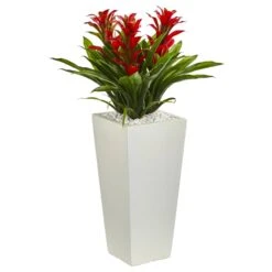 Triple Bromeliad Artificial Plant In White Tower Planter