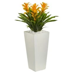 Triple Bromeliad Artificial Plant In White Tower Planter -Artificial Trees Store artificial triple bromeliad artificial plant in white tower planter nearly natural yellow 934687